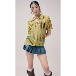 BDG Osaka Green Crochet Knit Button Up Collared Shirt Top Short Sleeve Oversized